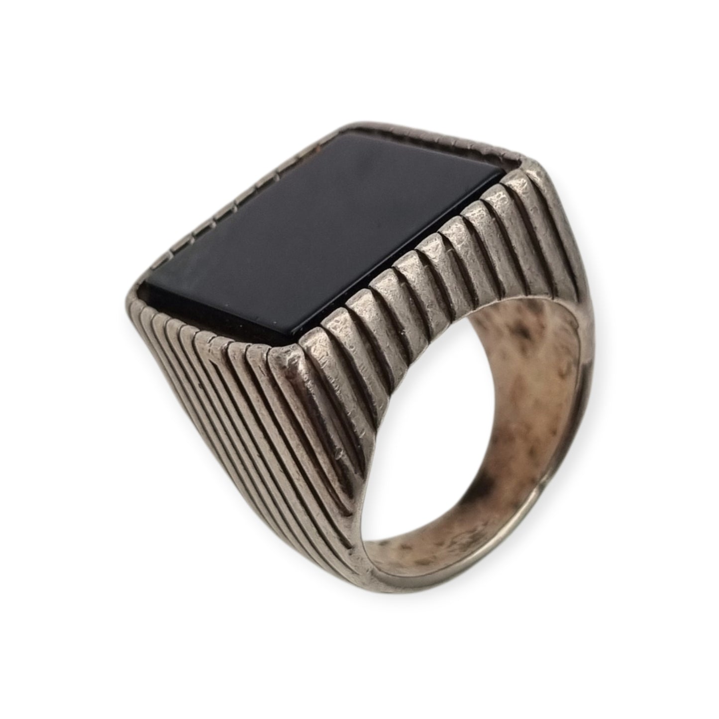 Vintage Italian 925 Silver Geometric Ring with Large Square Black Onyx, circa 1980-90