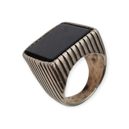 Vintage Italian 925 Silver Geometric Ring with Large Square Black Onyx, circa 1980-90