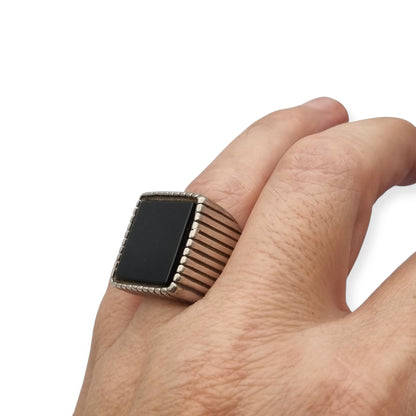 Vintage Italian 925 Silver Geometric Ring with Large Square Black Onyx, circa 1980-90