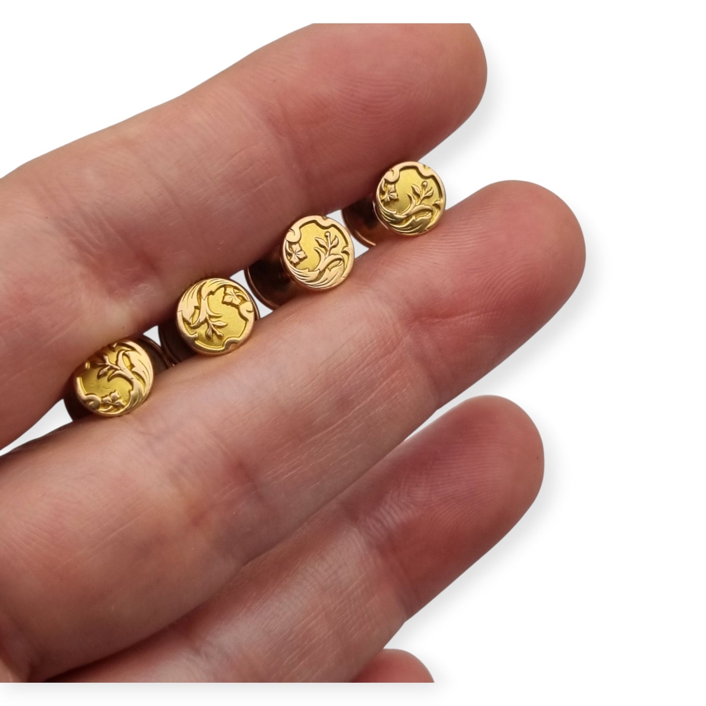 Botones de Pechera Franceses FIX Oro Laminado Art Nouveau Belle Époque Juego de 4 ca. 1900