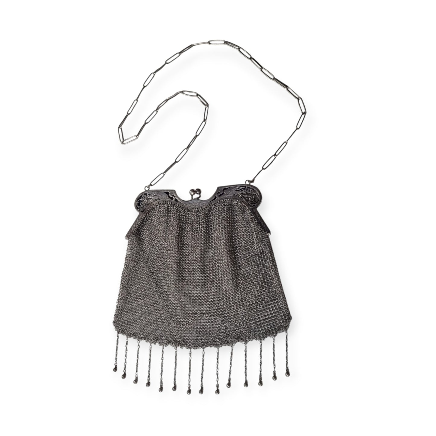 Bolso Antiguo de Malla en Plata 800 Art Nouveau con Boquilla Calada y Aves Estilizadas ca. 190