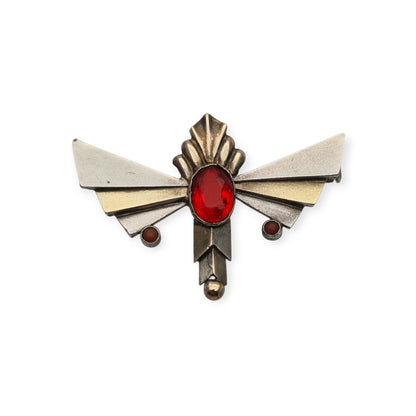Broche Art Déco de plata con cristal rojo facetado, joyería geométrica española, circa 1930