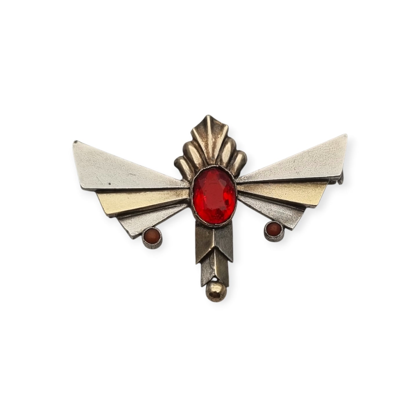 Broche Art Déco de plata con cristal rojo facetado, joyería geométrica española, circa 1930