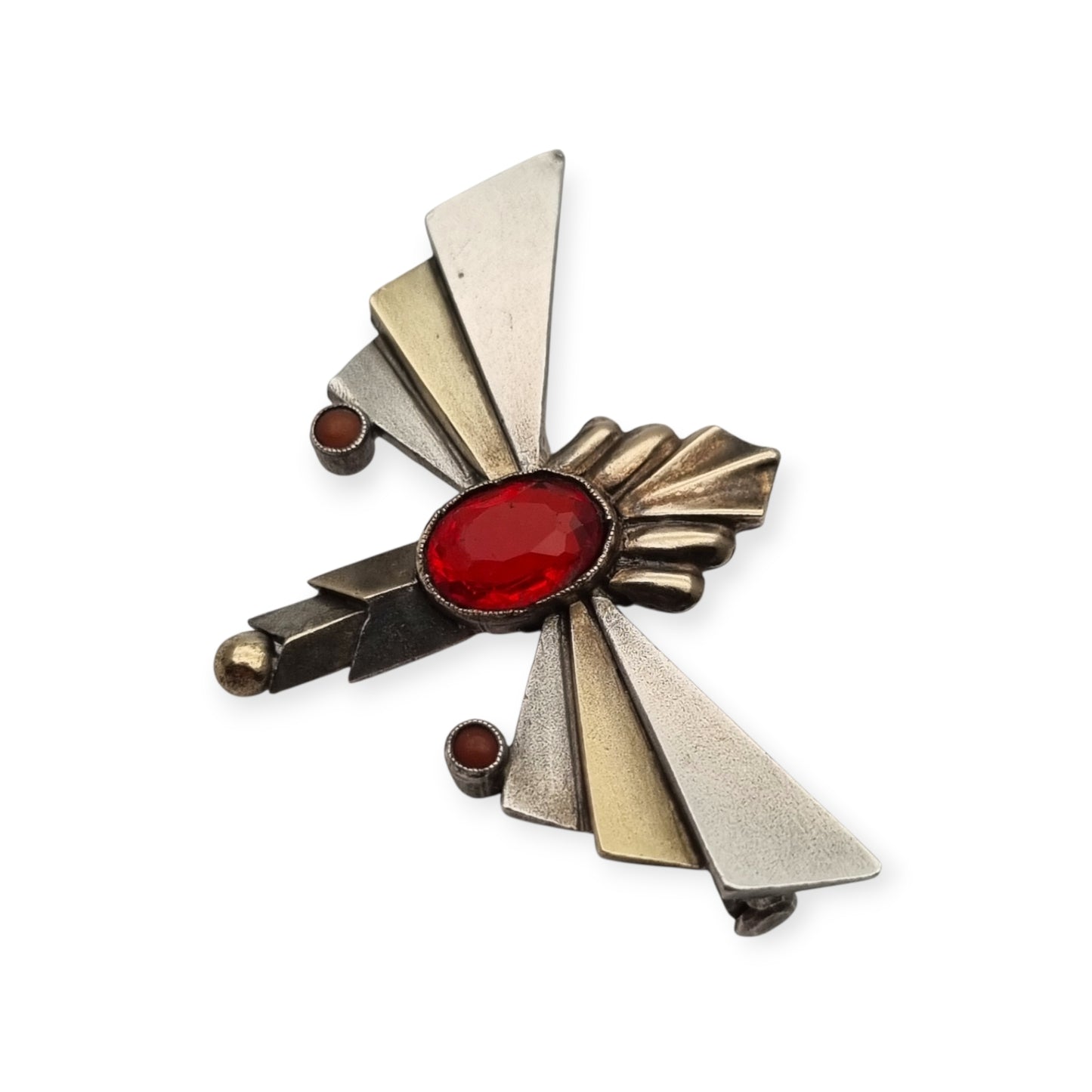 Broche Art Déco de plata con cristal rojo facetado, joyería geométrica española, circa 1930