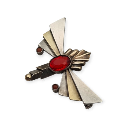 Broche Art Déco de plata con cristal rojo facetado, joyería geométrica española, circa 1930