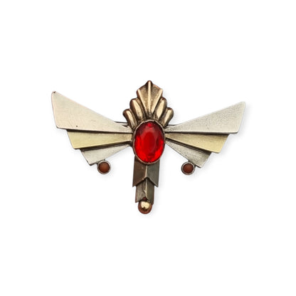 Broche Art Déco de plata con cristal rojo facetado, joyería geométrica española, circa 1930