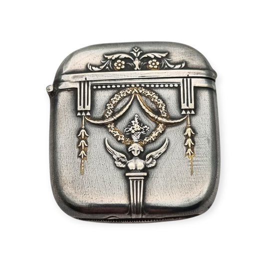 Cerillero de bolsillo Belle Époque en metal plateado, estilo neoclásico circa 1890–1920