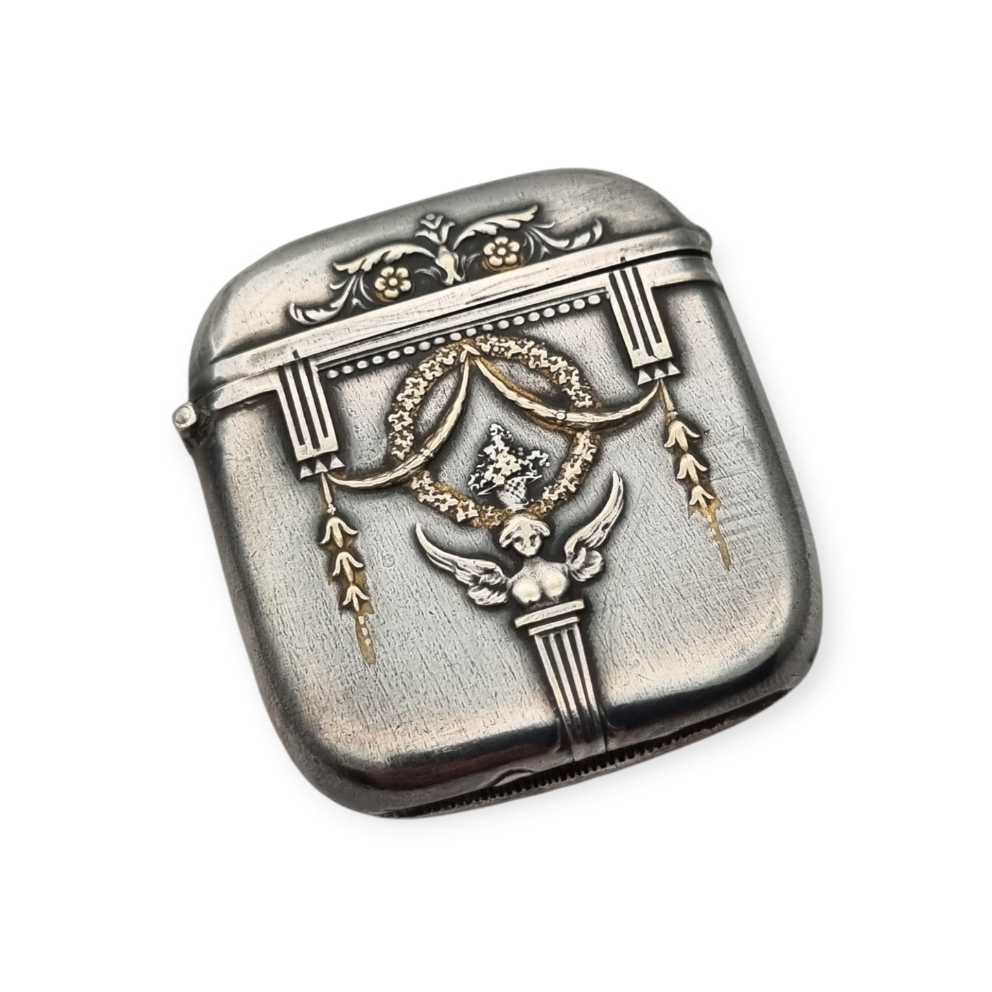 Belle Époque silver-plated pocket match safe, Neoclassical style circa 1890–1920