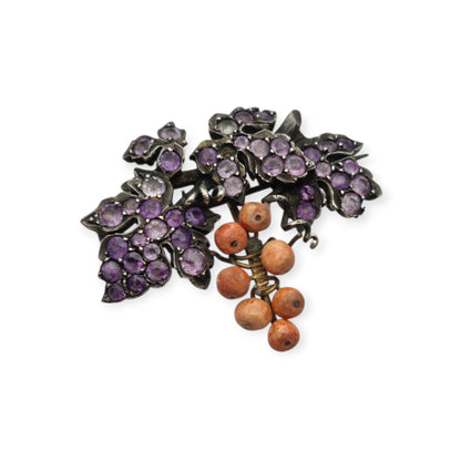 Antique gilded silver grape cluster brooch with amethysts, Victorian Naturalist c. 1885-1905