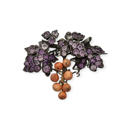 Antique gilded silver grape cluster brooch with amethysts, Victorian Naturalist c. 1885-1905