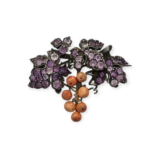 Antique gilded silver grape cluster brooch with amethysts, Victorian Naturalist c. 1885-1905