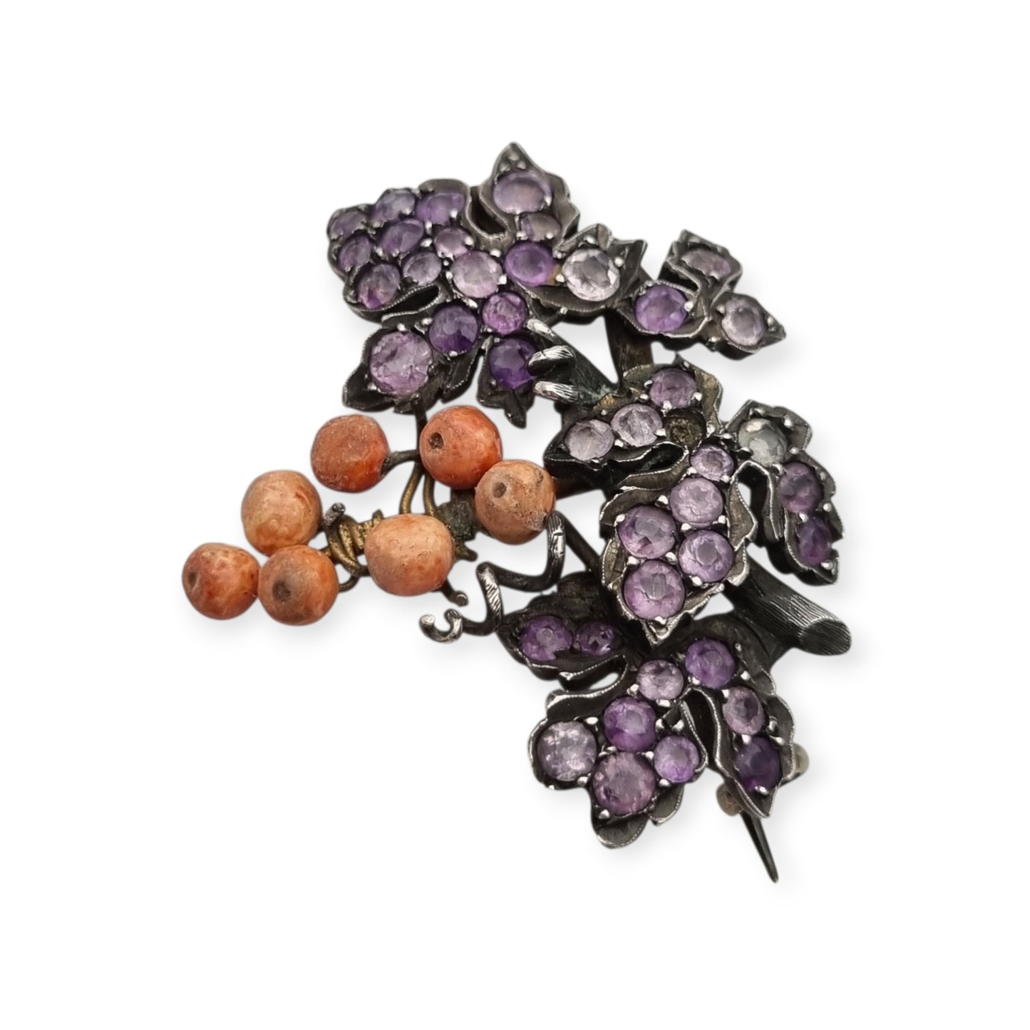 Antique gilded silver grape cluster brooch with amethysts, Victorian Naturalist c. 1885-1905