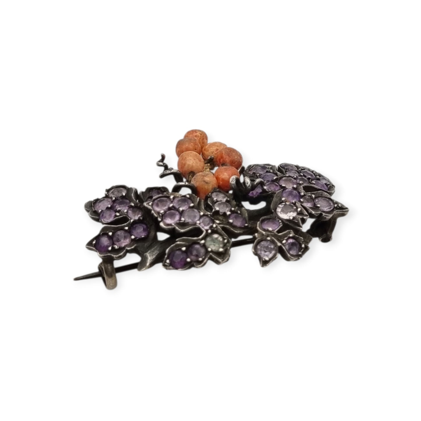Antique gilded silver grape cluster brooch with amethysts, Victorian Naturalist c. 1885-1905