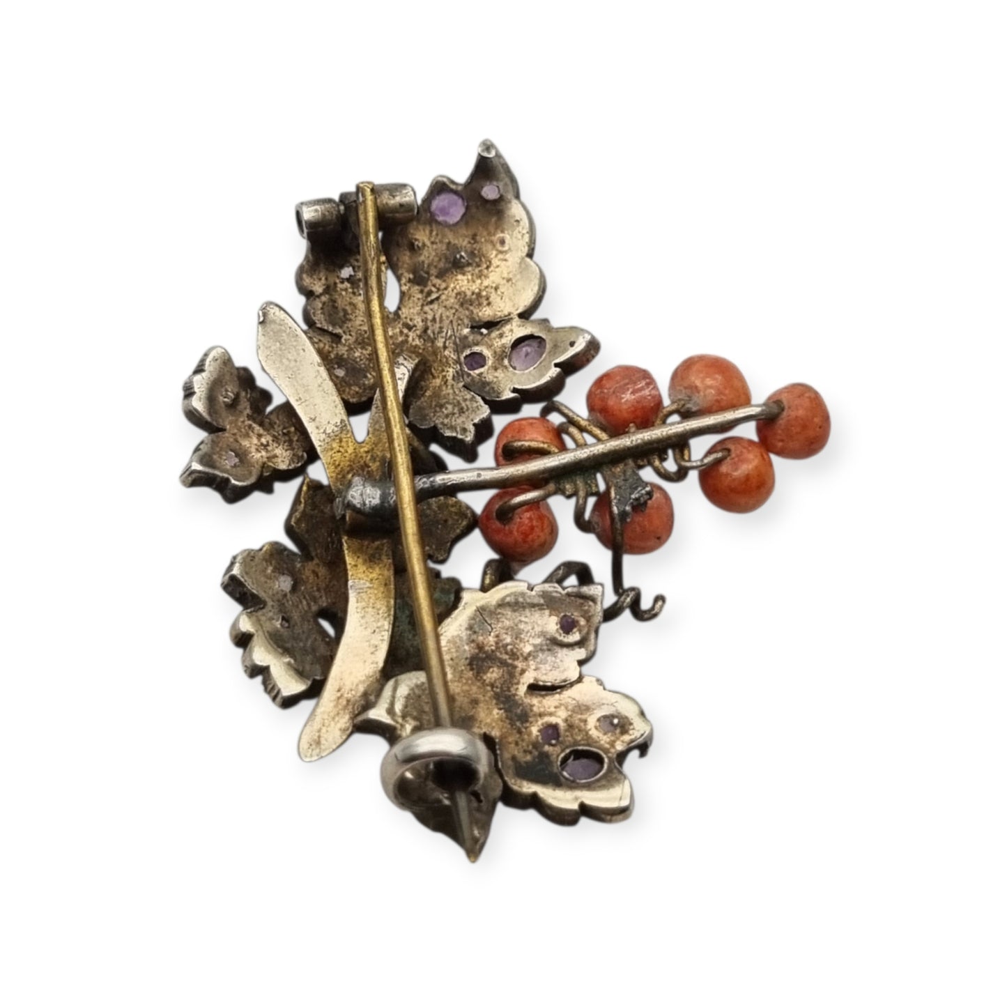 Antique gilded silver grape cluster brooch with amethysts, Victorian Naturalist c. 1885-1905