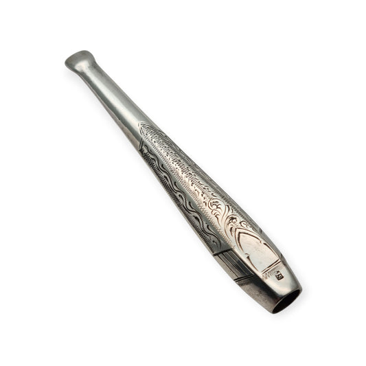 Antique Victorian cigarette holder in engraved silver with monogram cartouche, circa 1900-1925