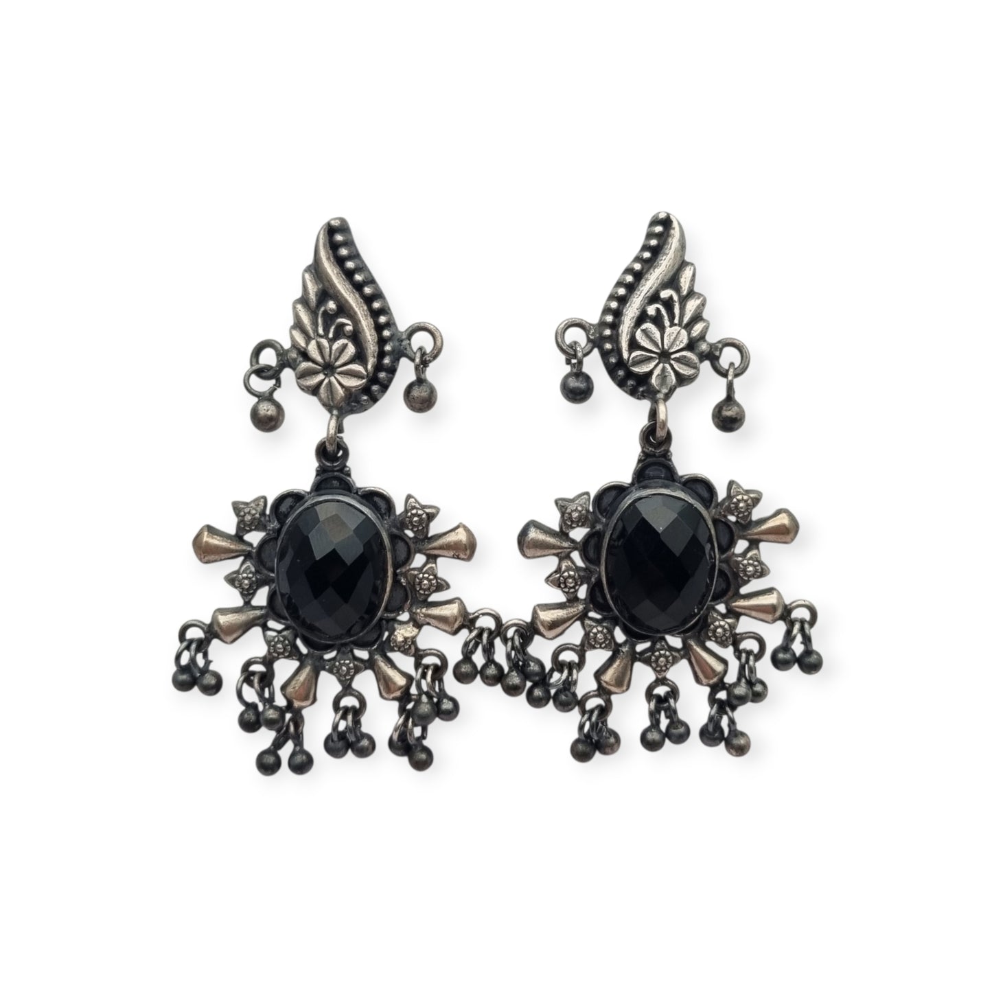 925 silver ethnic chandelier earrings with onyx, boho paisley design from India circa 1990