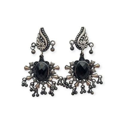 925 silver ethnic chandelier earrings with onyx, boho paisley design from India circa 1990