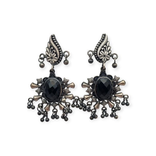 925 silver ethnic chandelier earrings with onyx, boho paisley design from India circa 1990