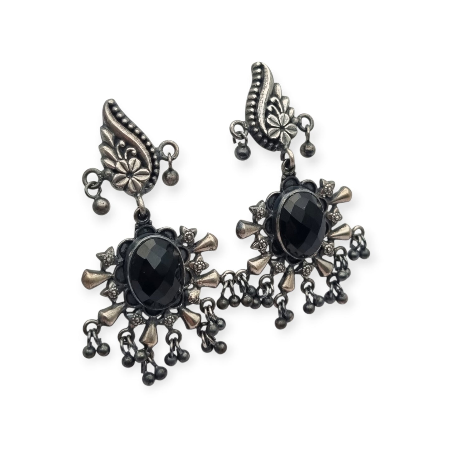 925 silver ethnic chandelier earrings with onyx, boho paisley design from India circa 1990