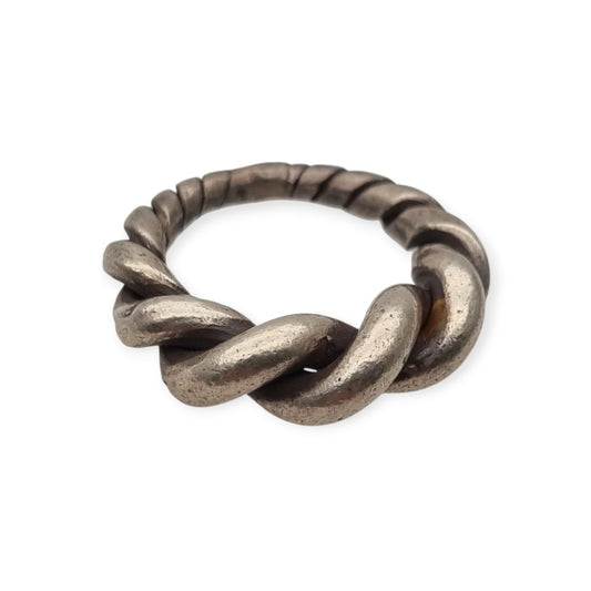 Boho ethnic twisted silver ring, brutalist vintage artisanal design, circa 1960