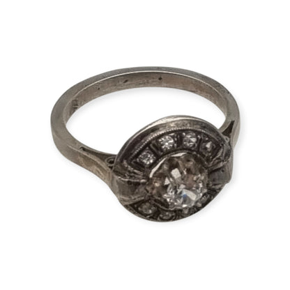 Anillo Art Déco francés en plata testada con cristal central y estrás, joyería vintage circa 1925–1950