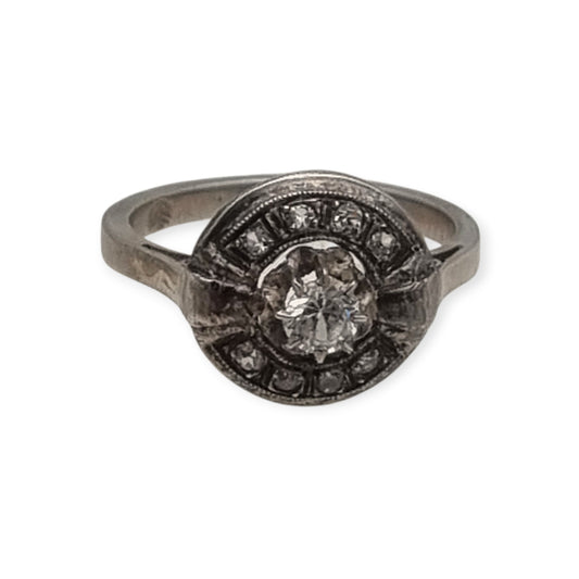 French Art Deco ring in tested silver with central crystal and rhinestones, vintage jewelry circa 1925–1950