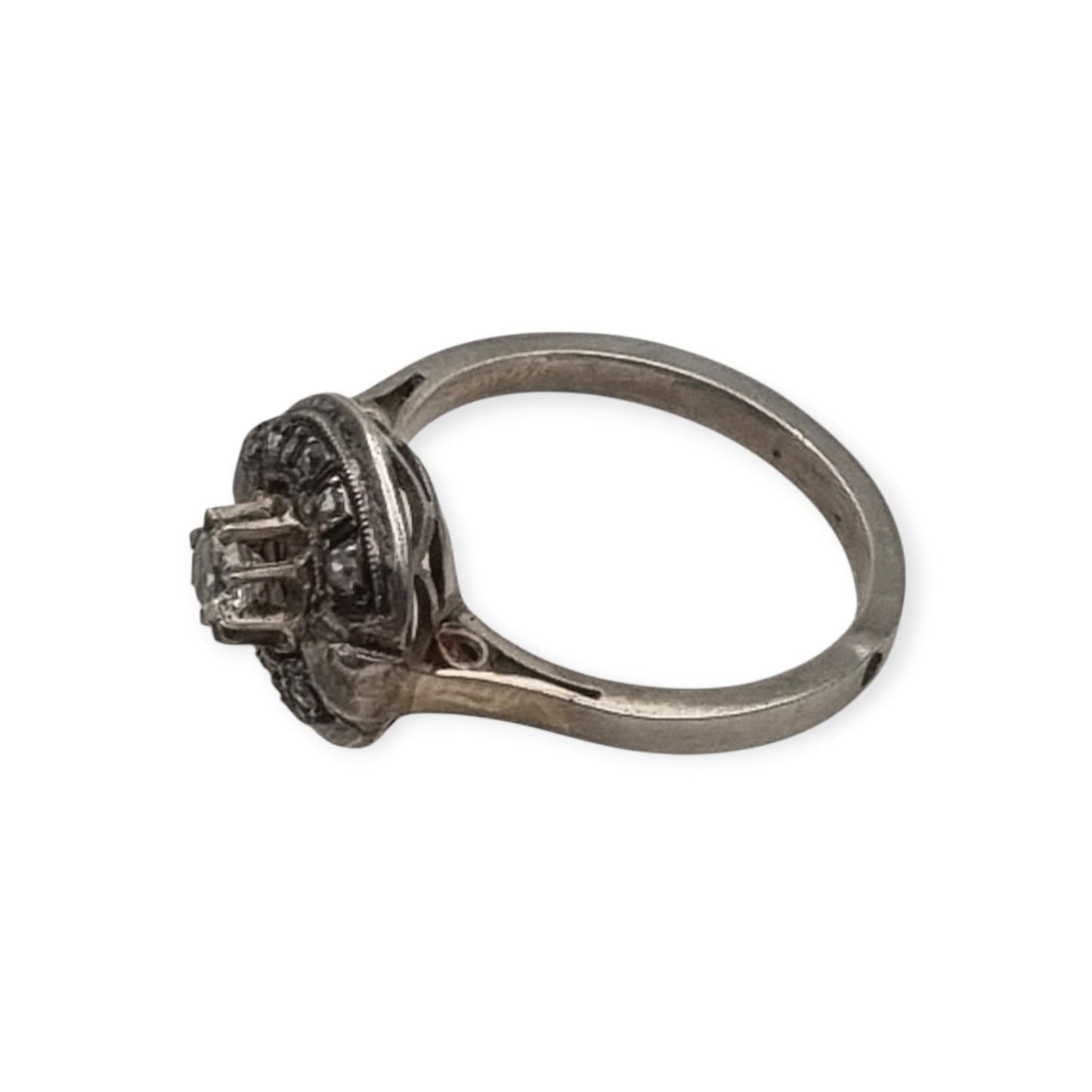 Anillo Art Déco francés en plata testada con cristal central y estrás, joyería vintage circa 1925–1950