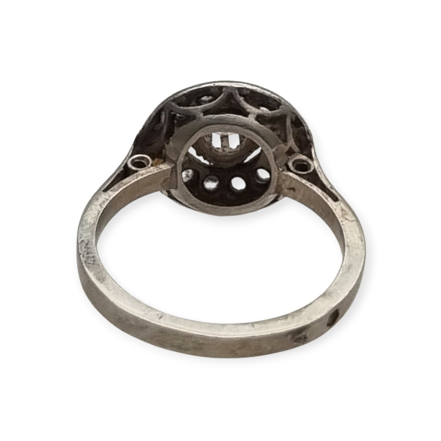 Anillo Art Déco francés en plata testada con cristal central y estrás, joyería vintage circa 1925–1950