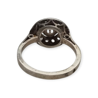 Anillo Art Déco francés en plata testada con cristal central y estrás, joyería vintage circa 1925–1950