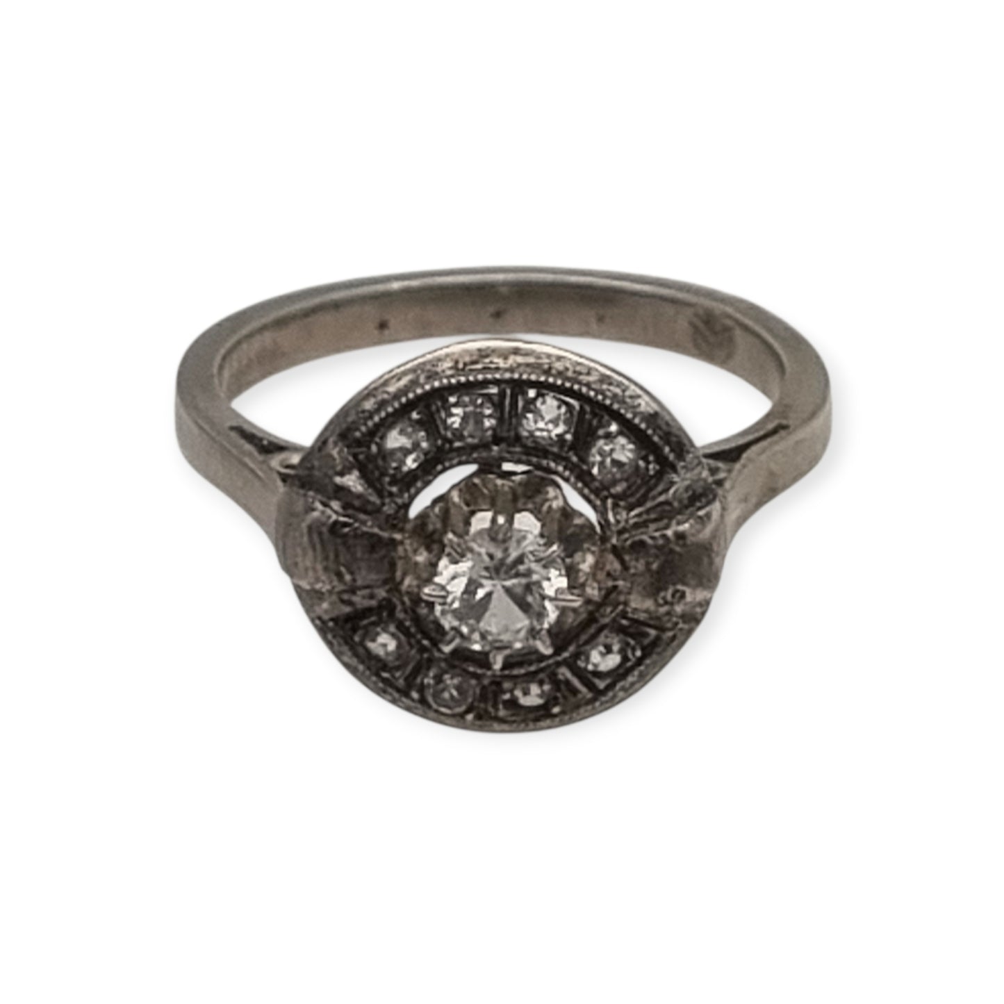 Anillo Art Déco francés en plata testada con cristal central y estrás, joyería vintage circa 1925–1950