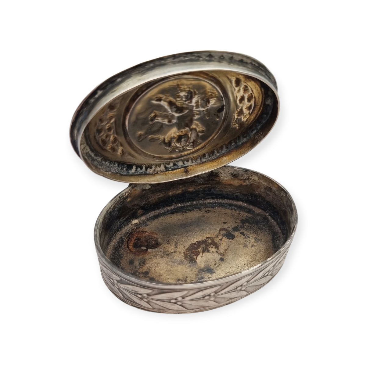 Belle Époque silver box with cherub, Louis XVI Revival decoration, and remains of gilding, Europe, ca. 1895–1915