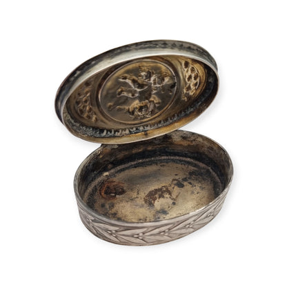 Belle Époque silver box with cherub, Louis XVI Revival decoration, and remains of gilding, Europe, ca. 1895–1915