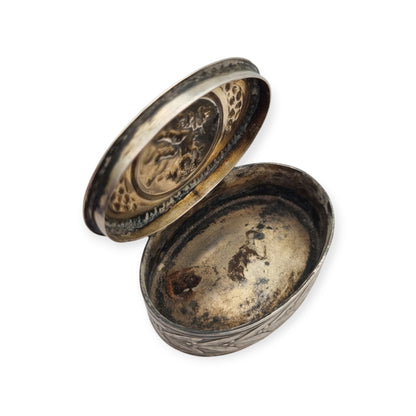 Belle Époque silver box with cherub, Louis XVI Revival decoration, and remains of gilding, Europe, ca. 1895–1915