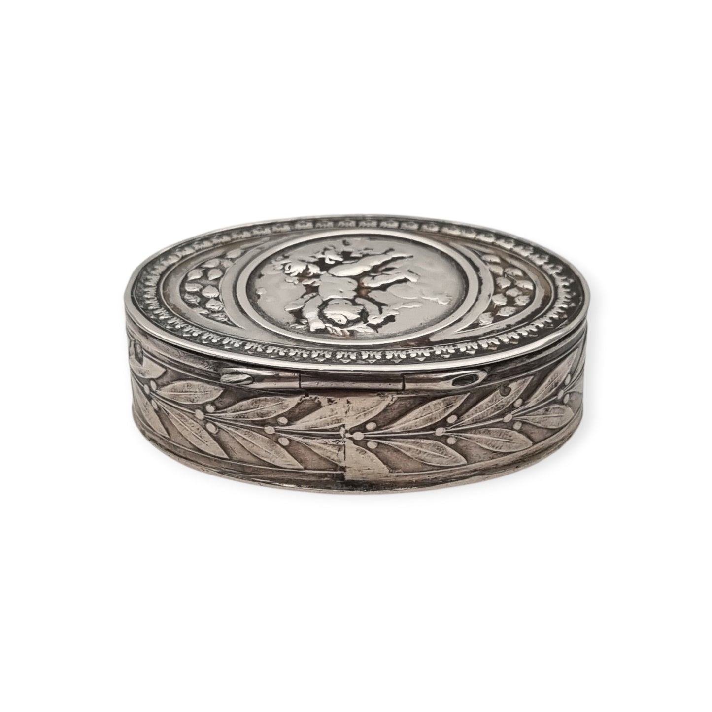Belle Époque silver box with cherub, Louis XVI Revival decoration, and remains of gilding, Europe, ca. 1895–1915