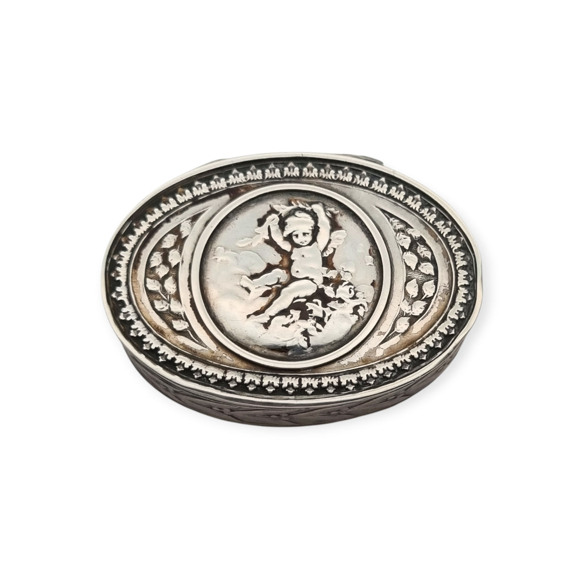 Belle Époque silver box with cherub, Louis XVI Revival decoration, and remains of gilding, Europe, ca. 1895–1915