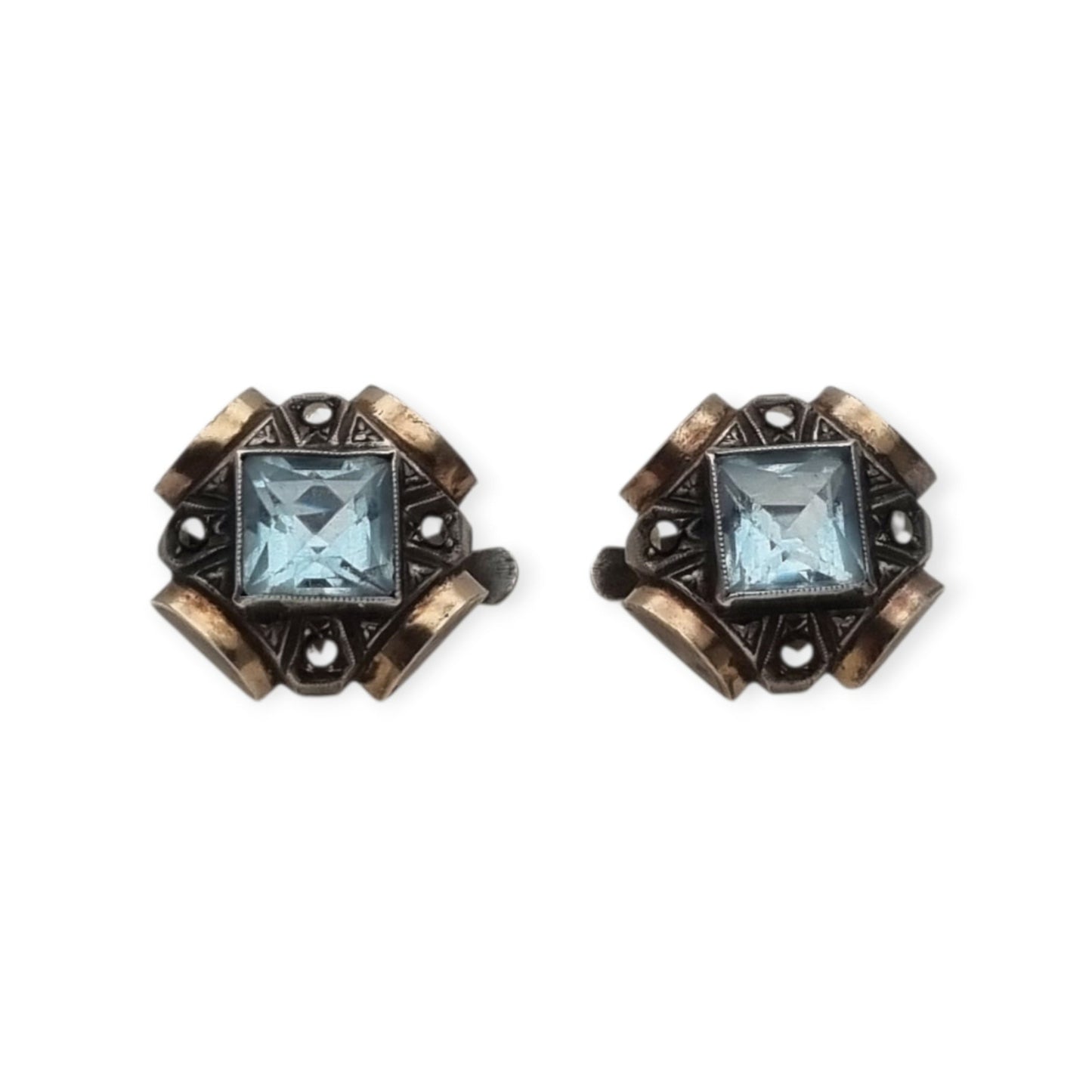 Pendientes Art Déco catalanes en plata con cristal azul, marcasitas y vistas doradas, España, ca. 1940