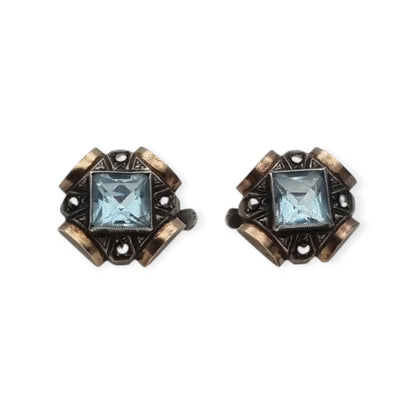 Pendientes Art Déco catalanes en plata con cristal azul, marcasitas y vistas doradas, España, ca. 1940