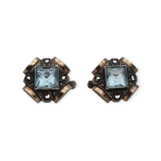 Catalan Art Deco silver earrings with blue crystal, marcasites and gold accents, Spain, ca. 1940