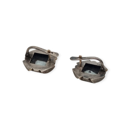 Pendientes Art Déco catalanes en plata con cristal azul, marcasitas y vistas doradas, España, ca. 1940