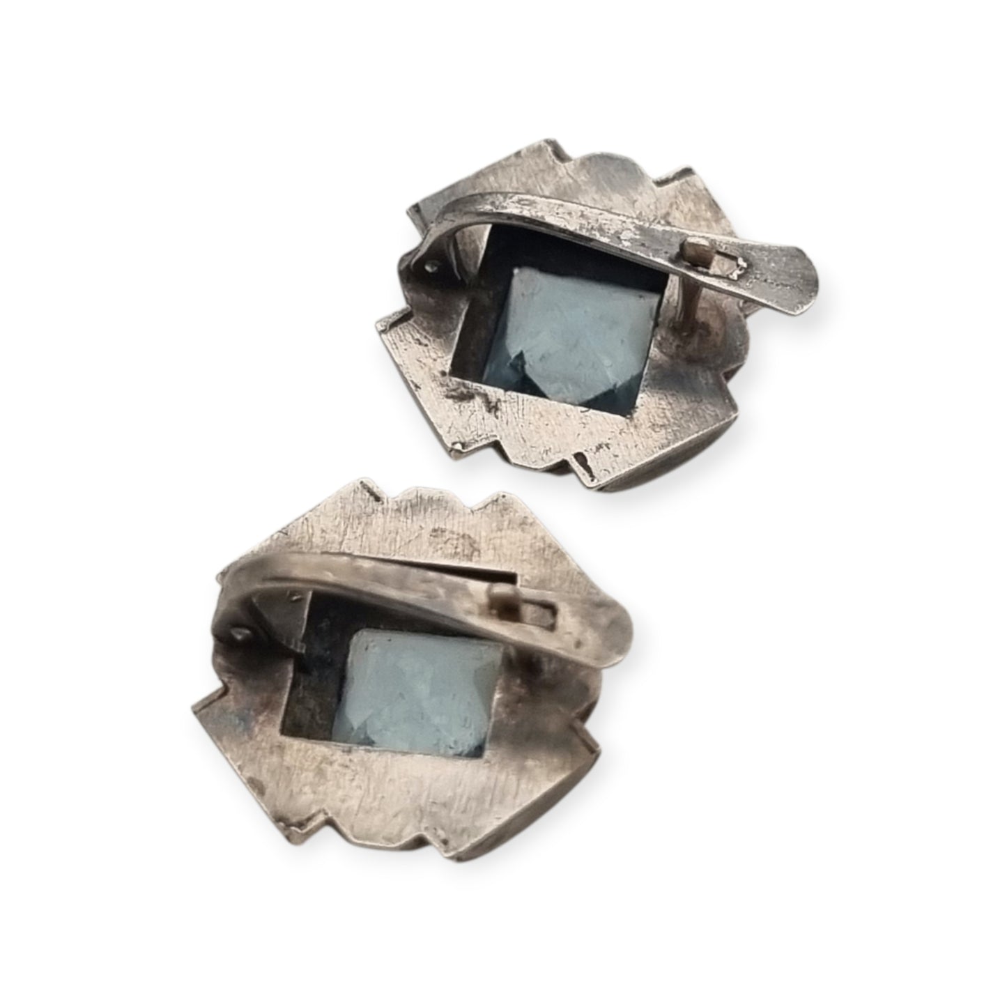 Pendientes Art Déco catalanes en plata con cristal azul, marcasitas y vistas doradas, España, ca. 1940