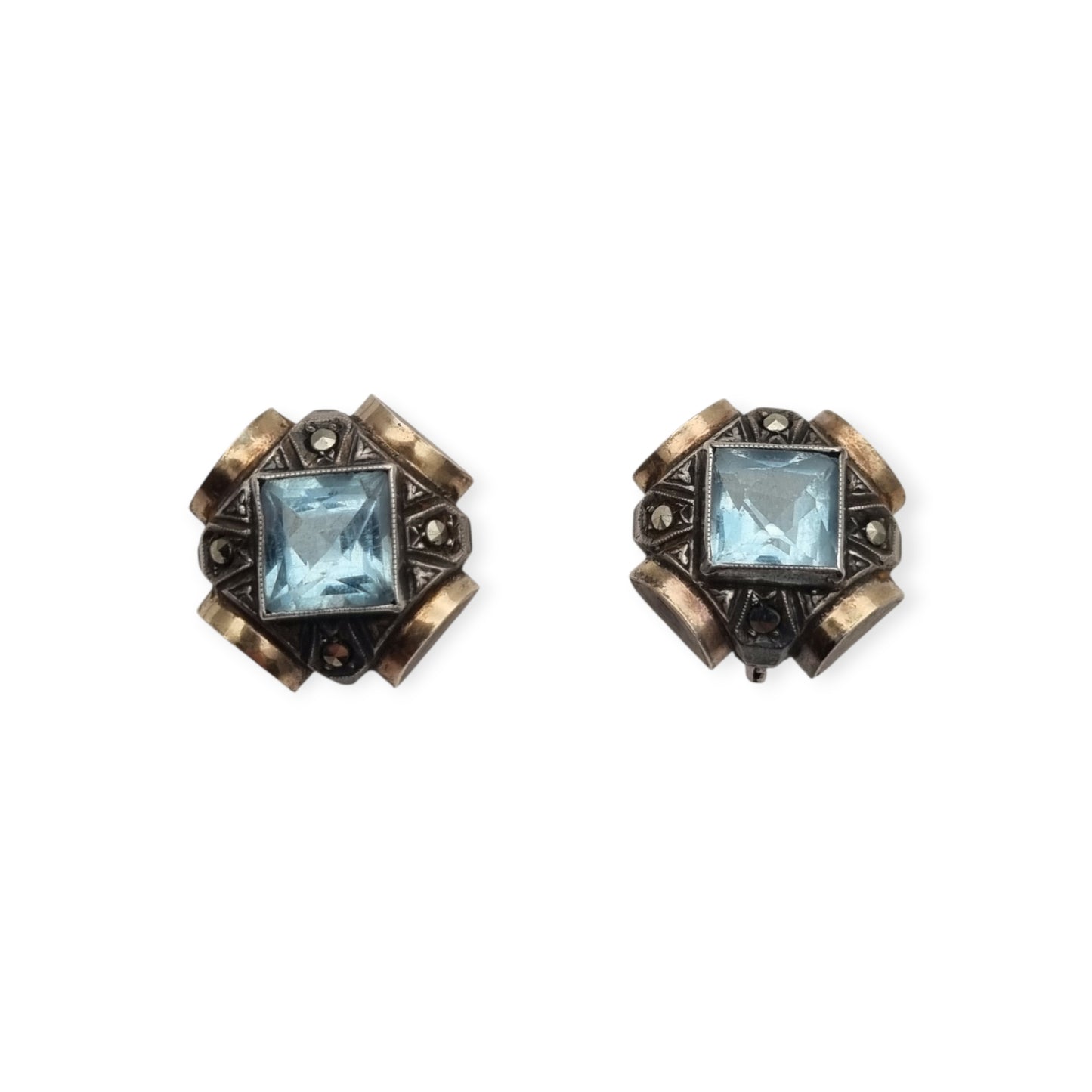 Pendientes Art Déco catalanes en plata con cristal azul, marcasitas y vistas doradas, España, ca. 1940