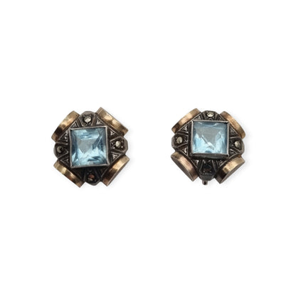 Pendientes Art Déco catalanes en plata con cristal azul, marcasitas y vistas doradas, España, ca. 1940