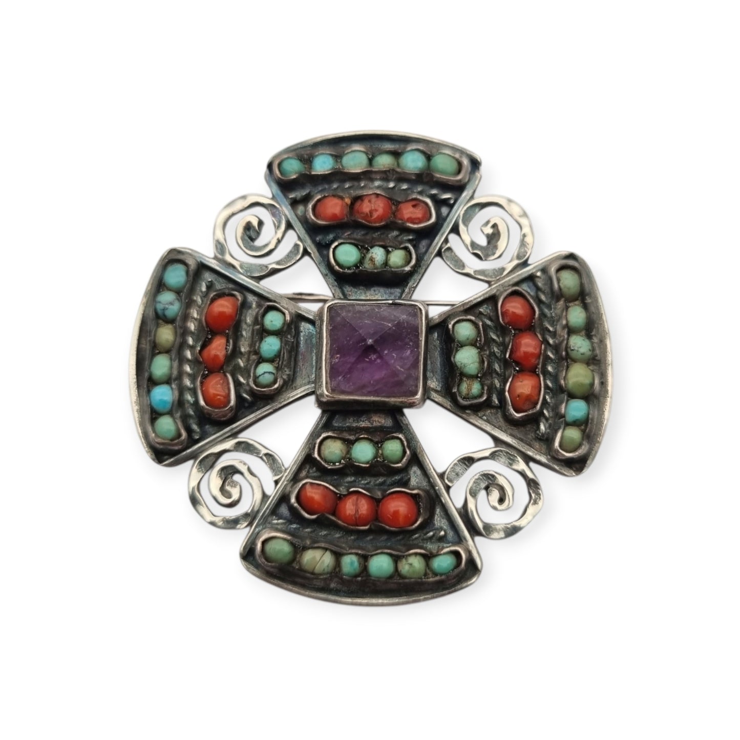 Broche cruciforme mexicano MATL SALAS en plata con turquesa, coral y amatista, joyería de autor, ca. 1960