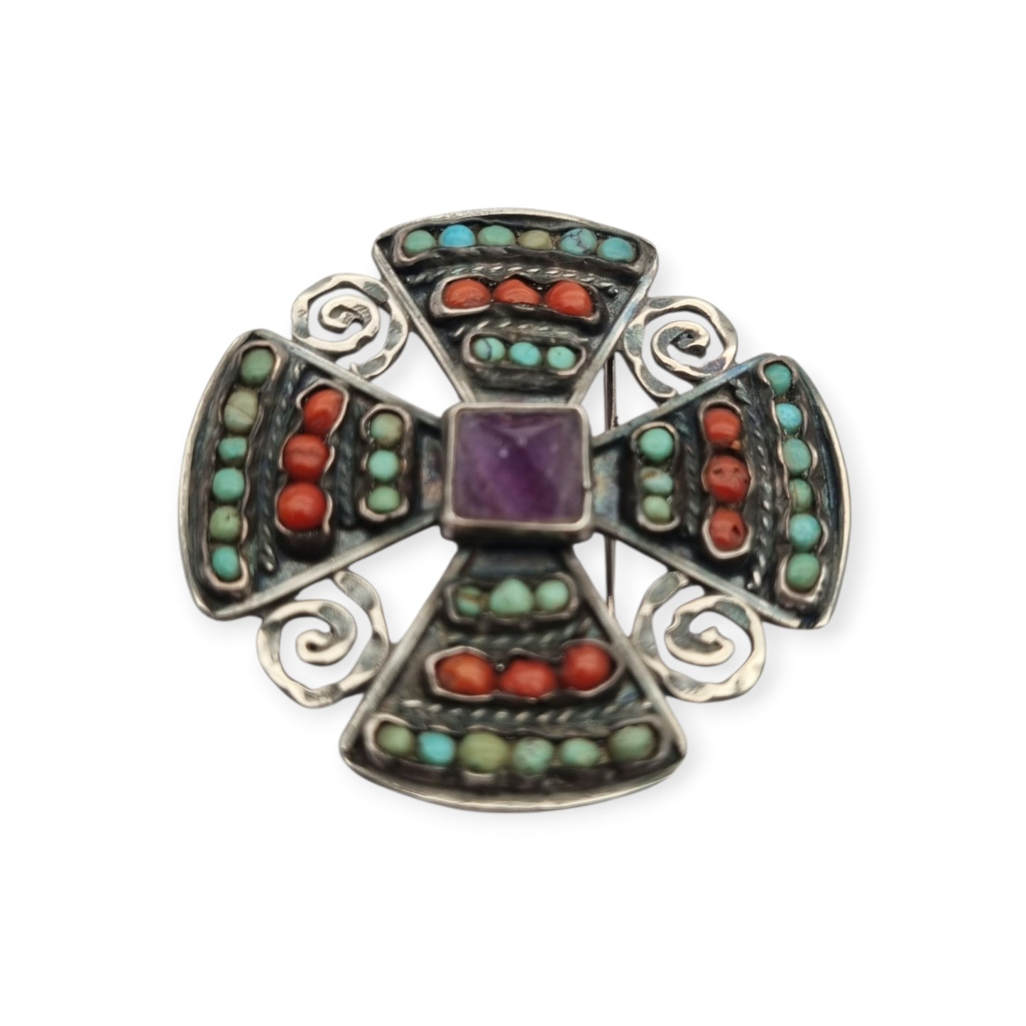 Broche cruciforme mexicano MATL SALAS en plata con turquesa, coral y amatista, joyería de autor, ca. 1960