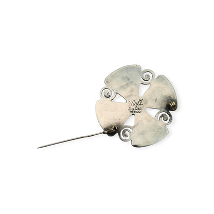 Broche cruciforme mexicano MATL SALAS en plata con turquesa, coral y amatista, joyería de autor, ca. 1960