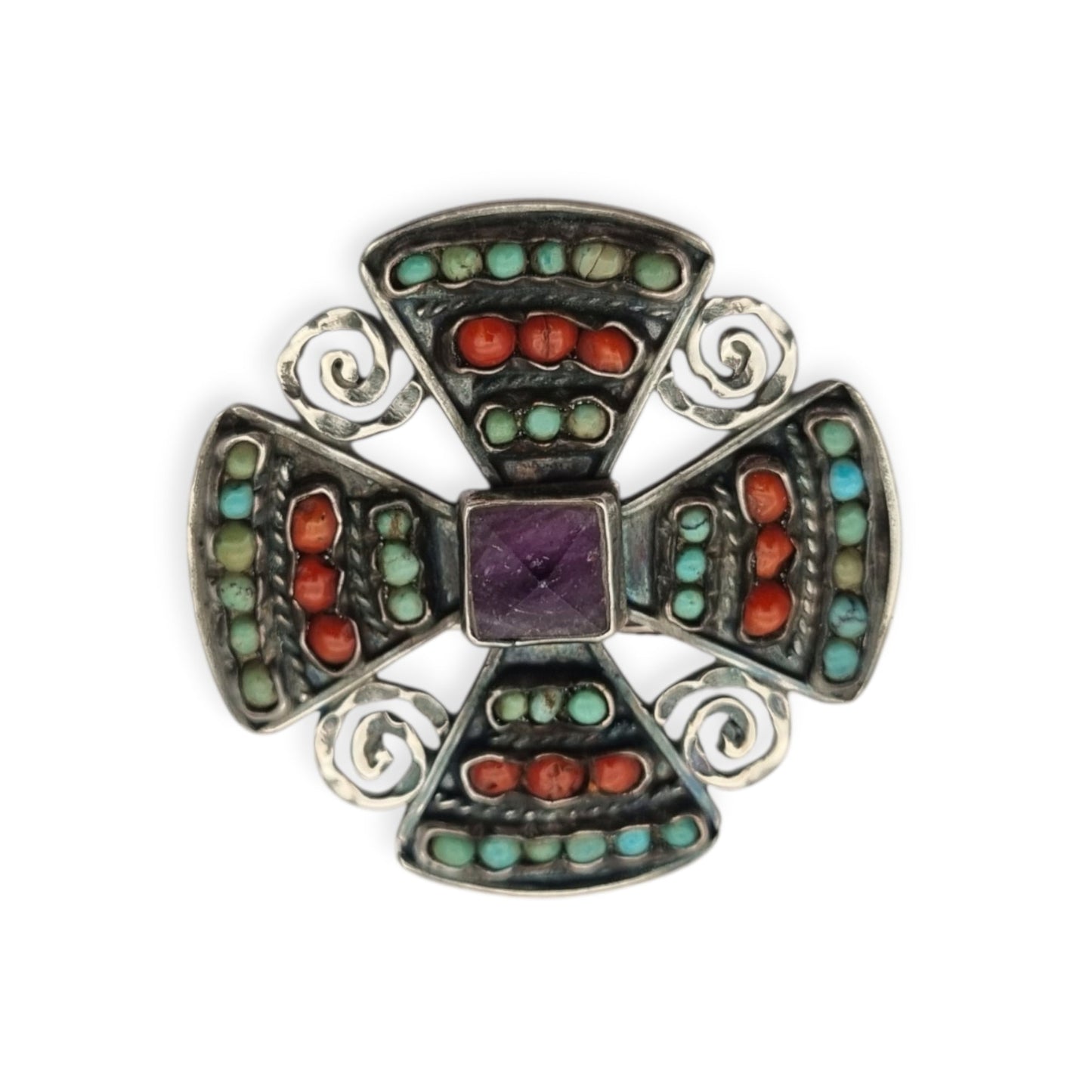 Broche cruciforme mexicano MATL SALAS en plata con turquesa, coral y amatista, joyería de autor, ca. 1960