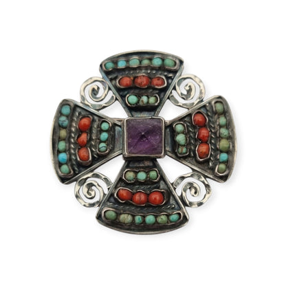 Broche cruciforme mexicano MATL SALAS en plata con turquesa, coral y amatista, joyería de autor, ca. 1960