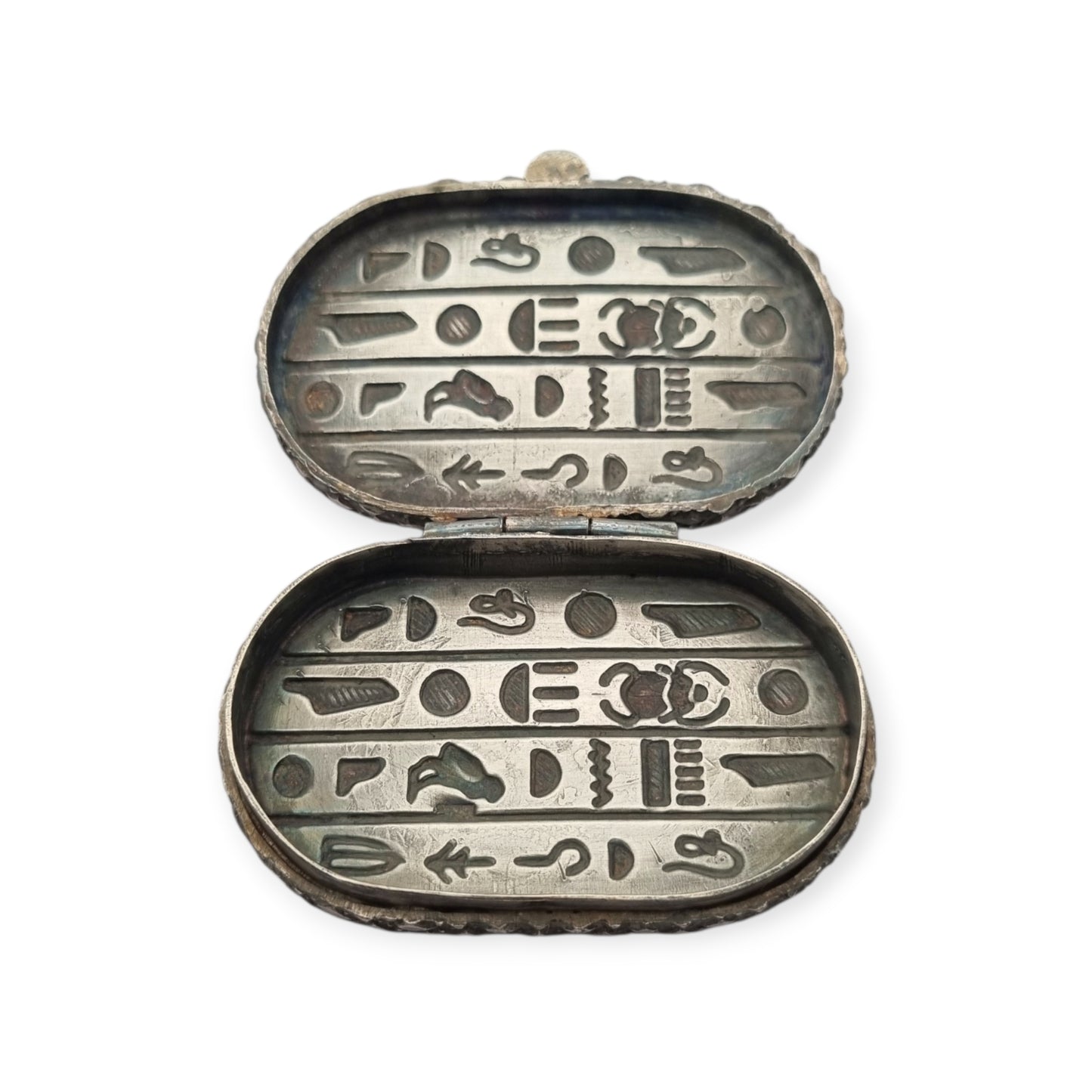 Egyptian silver box with scarab, Egyptian Revival decoration, and hieroglyphic motifs, 20th century, ca. 1945–1970