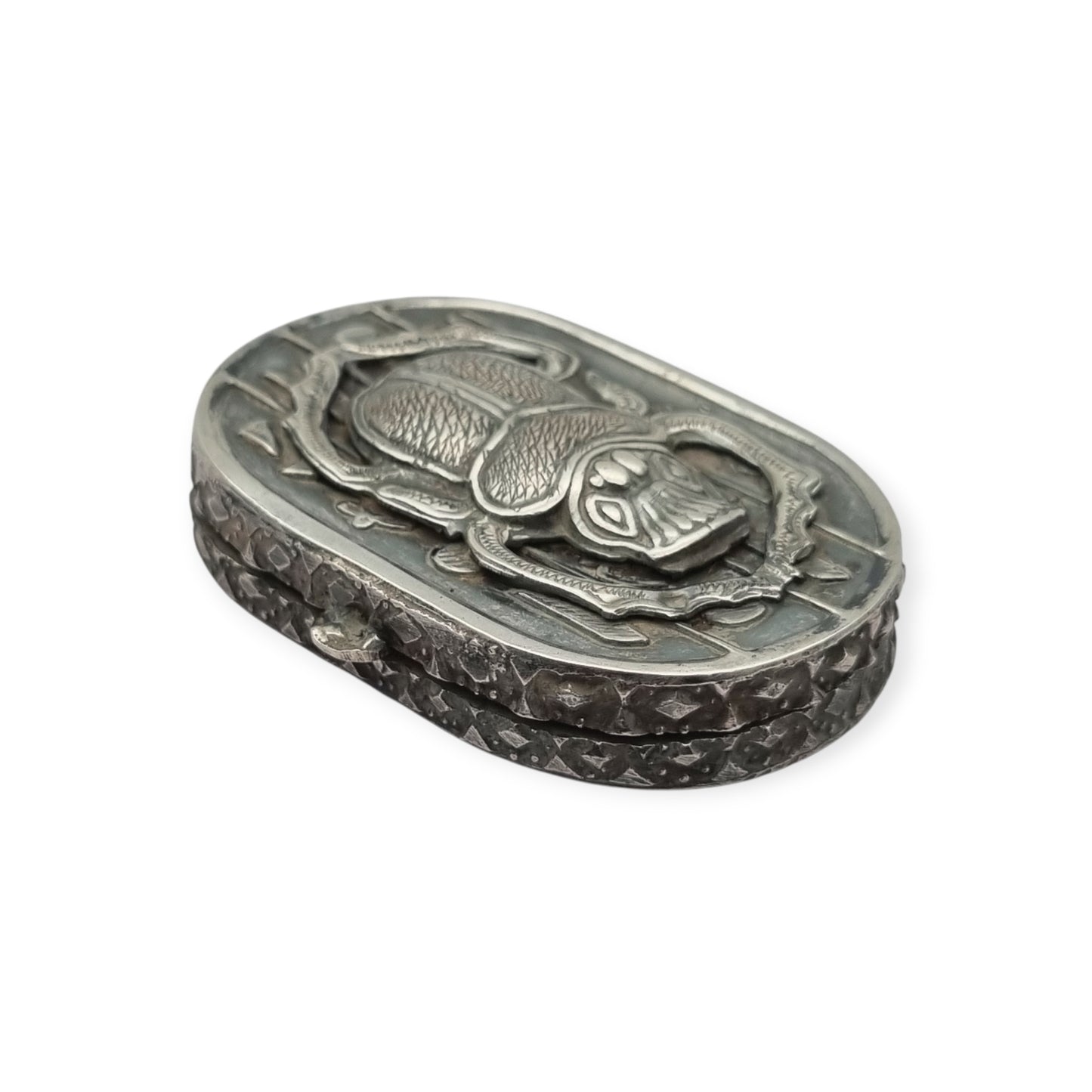 Egyptian silver box with scarab, Egyptian Revival decoration, and hieroglyphic motifs, 20th century, ca. 1945–1970