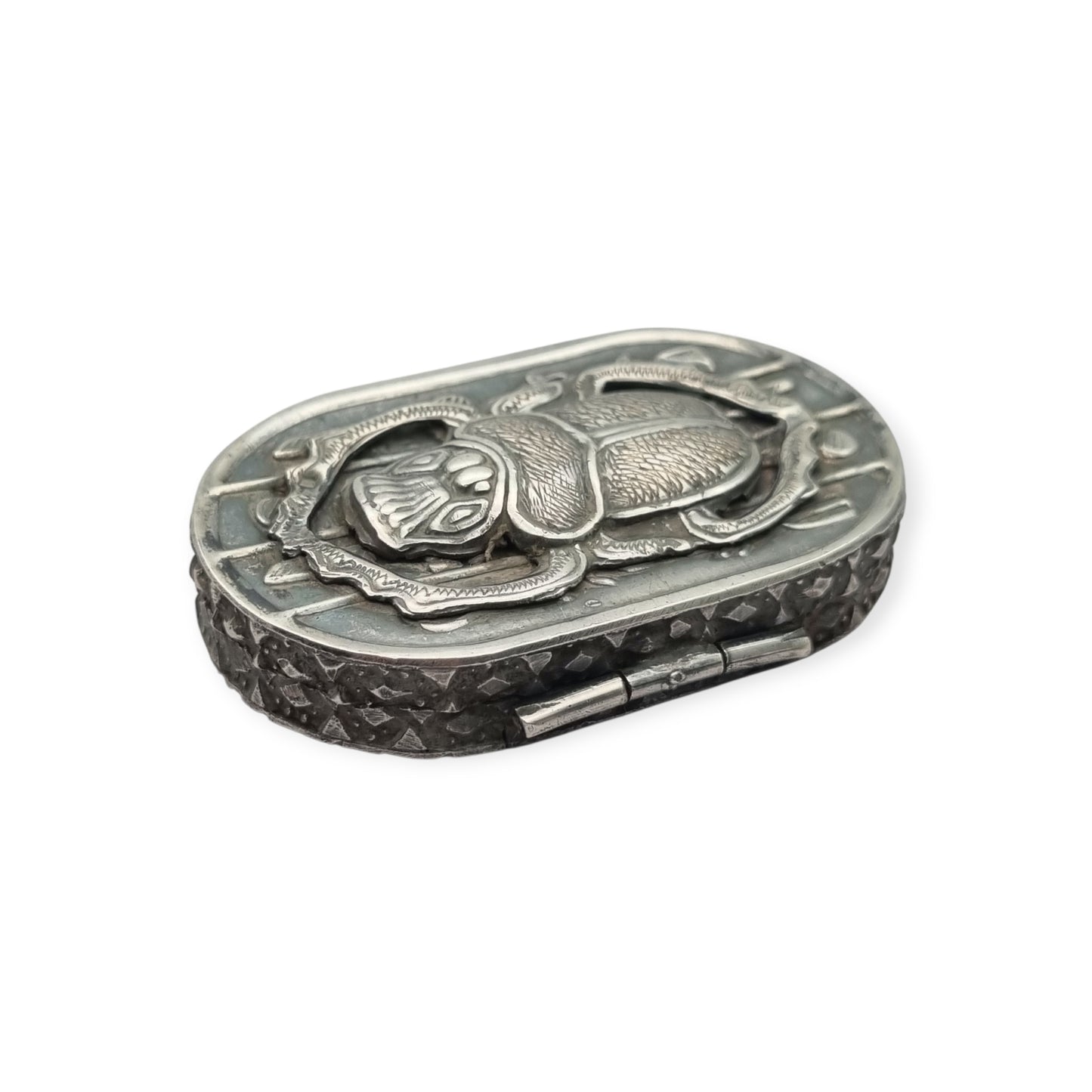 Egyptian silver box with scarab, Egyptian Revival decoration, and hieroglyphic motifs, 20th century, ca. 1945–1970